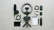 © Prism Pulse - flat lay photography equipment setup with ring light and accessories on neutral background