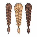Three braided hairstyles in warm, rich tones, hand-drawn with delicate linework.