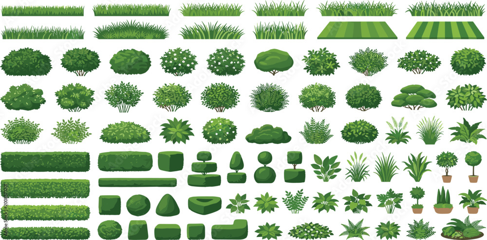 Large vector collection of garden plants featuring green bushes shrubs ...