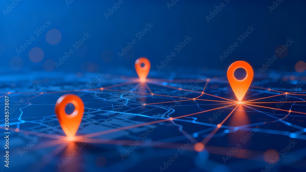 Digital map with location pins and network connections Stock ...