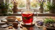© horizon - Steaming glass mug filled with vibrant ruby red hibiscus herbal tea features floating fresh orange slices and submerged green mint leaves.