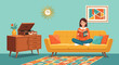© gril amanda - Woman reading book on sofa in retro living room.