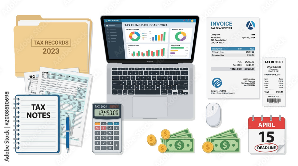 Detailed flat design set of essential tax filing documents with laptop ...