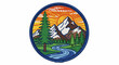 © culun - Embossed circular patch depicting a mountain landscape with a river and pine trees