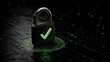 © Nurul - A close-up of a metallic, square padlock with a glowing green checkmark, surrounded by concentric circles, set against a digital-themed black background
