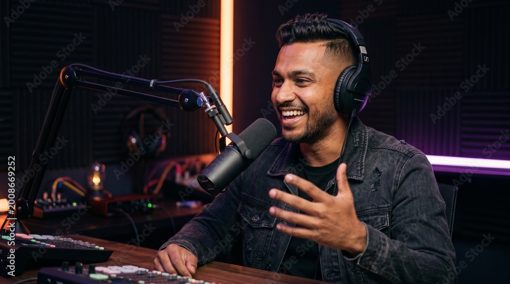 Interview Podcast Vector Smiling Podcast Host Talking into Microphone in a Vibrant, Professional ...