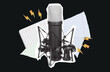 © kasheev - microphone for podcast Halftone. Halftone microphone cutout. Retro microphone with mesh grille and ship graphic, both rendered in halftone dot.