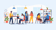 © yeza - Illustration of diverse professionals collaborating and working in a modern, open-plan office environment