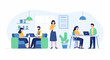 © KEPLEH - Flat design illustration of diverse professionals collaborating in a modern office environment with plants