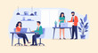 © yeza - Illustration of diverse professionals working at computers and discussing a document in a modern office