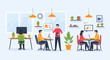 © KEPLEH - Flat illustration diverse professionals collaborating and working in a modern, light-filled open-plan office