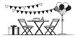 © Shahin - Birthday party scene with gift balloons and cake line art vector illustration birthday celebration balloons illustration monochrome isolated surprise decoration ceremony gathering