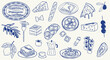 © Meryama - Whimsical italian food doodles. Quirky icons of Italian food in simple crayon and sketch style. Trendy art for menus and dinner brunch invitations. La dolce vita hand drawn vector illustration
