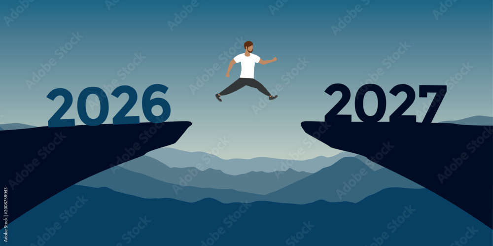 man jumping over a cliff from 2026 to 2027 vector illustration Stock ...
