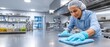 © Generative AI - Professional cleaner in hairnet and gloves meticulously sanitizes a stainless steel kitchen countertop with a blue microfiber cloth