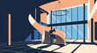 © bloombi - Modern sunlit atrium interior with curved staircase and a person resting on steps.