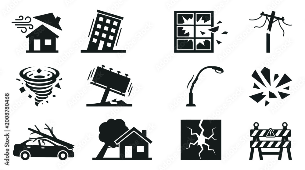 Building Collapsing Icon icon set of cyclone impact on structures, including house roof flying ...