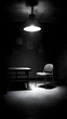 © Hossen - Empty interrogation room with single light and chair black and white dimly lit no people interrogation darkness suspense
