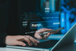 © Sandwish - Generative AI prompt engineering concept. Person typing command on laptop with search bar, prompt interface, generate button, coding data to represent artificial intelligence content creation systems.