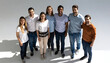 © recha - Diverse group of smiling people standing together, business team portrait with varied ethnicity and ages, studio shot on a white background