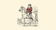 © turuk - Elderly man with long beard in red tunic rides white horse past figures near a tower