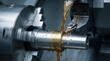 © CK Studio - CNC machine performing metal turning operation on steel workpiece with cutting oil, industrial manufacturing concept.
