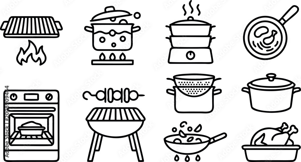 Cooking methods and kitchen appliances outline vector icon set for ...