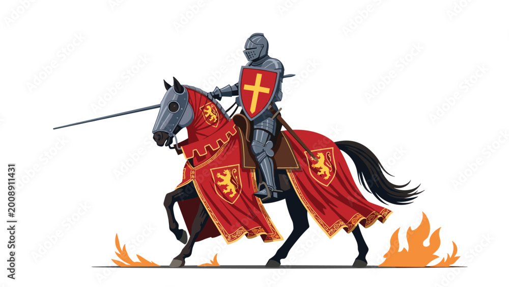 Medieval knight in full armor riding a decorated horse with a lance and ...