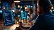 © Kateryna - Cinematic wide view of silhouetted figures gathered around bright glowing dual monitors in a softly defocused office showing colorful streaming code agile developer software