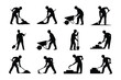 © Newton - Dynamic construction worker silhouette series demonstrating diverse labor tasks with wheelbarrow shovel and tools against a clean white background for professional presentations