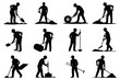 © Newton - Black silhouette graphic of diverse individuals performing outdoor maintenance tasks with shovels rakes and brooms against a clean white background for editorial and educational