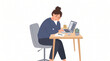 © Aditya - Tired woman at desk with laptop and coffee, feeling exhausted and stressed from work