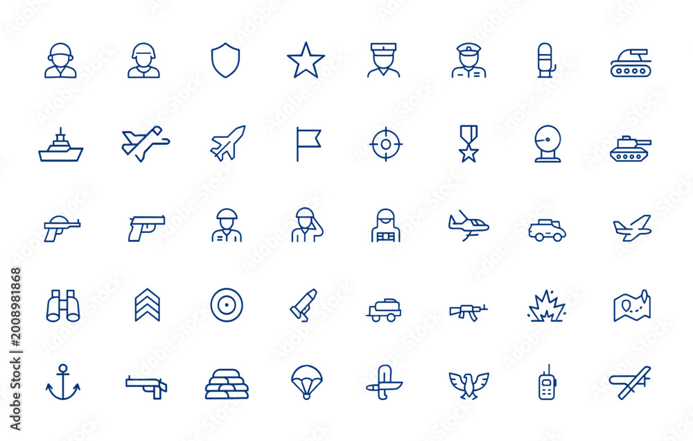 Minimalist army icon pack with thin linear symbols of soldier, warrior ...