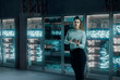 © Rendara Studio - 3D server room tablet with engineer in glowing data center