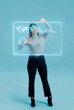 © Rendara Studio - 3D woman hologram interface with chart and global display
