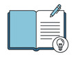 © Mdsahijul - A simple open book with blank pages and horizontal lines representing text alongside a blue pen and a light bulb icon symbolizing knowledge and creativity