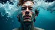 © AiGalaxy - Man emerging from water with eyes closed. Splash of liquid around head in turquoise pool. Concept of refreshment, relaxation, peace and mental clarity. Portrait of swimmer underwater.