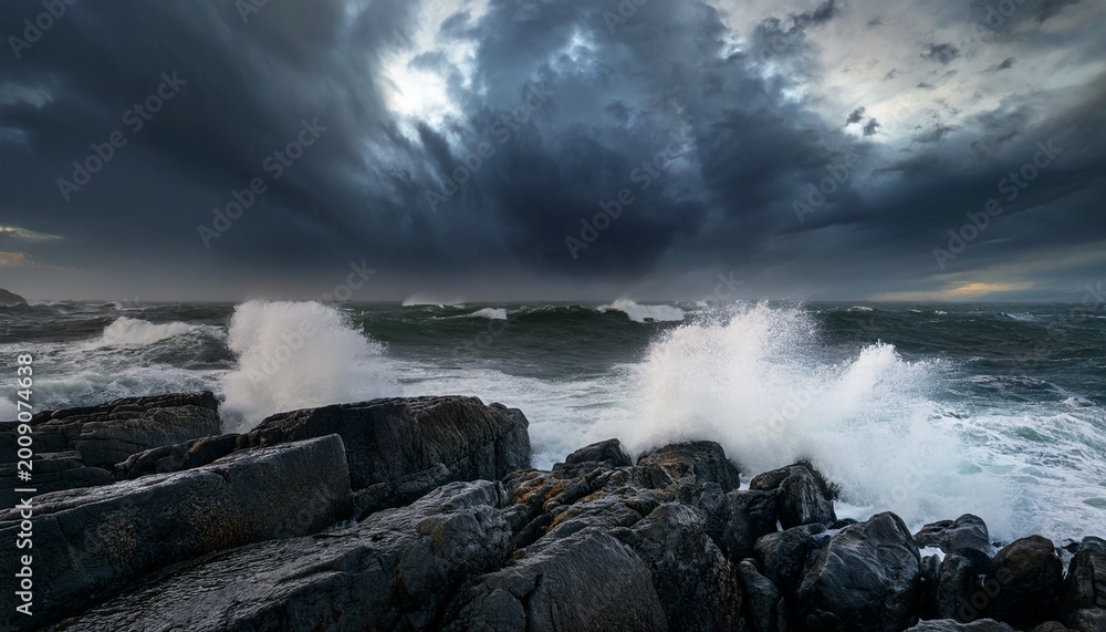 Storm Vs Rocks dramatic view of strong wind and high waves crashing over rocks under a ...