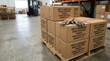 © Nataly - Warehouse scene with stacked boxes on wooden pallet and gloves resting on top. Boxes labeled with contents showcase organized storage environment in industrial setting.