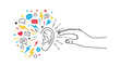 © Rowan - Human hand reaching towards a large ear surrounded by colorful social media icons and lightning bolts representing information overload.