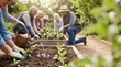 © dinda - A diverse group of active senior citizens works together in a community garden, planting flowers and watering seedlings to celebrate Older Americans Month.