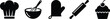 © Top Stock - Black baking icons set including chef hat, mixing bowl, oven mitt, rolling pin, and cupcake