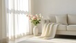 © JohnLee - nice home interior concept, curtain sofa flower vase curtain roll set against a wall nice clean beautiful clean white background