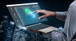 © InfiniteFlow - A hand reaches out to interact with a futuristic laptop interface showing a digital check mark, symbolizing success and technology in an urban night setting. Cyphers