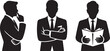 © Mastar art - Three black silhouette professional business men in suits performing different tasks including thinking and reading documents isolated on white background