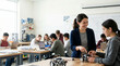 © Xenia - Female teacher helping a high school student build a robot in a STEM class. Teenagers working on engineering and technology projects
