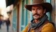 © Vadym - Man in cowboy hat and leather vest stands on rustic town street. He has mustache and beard. He looks at camera with serious expression. Sunny day outdoor.