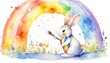 © Kateryna - watercolor charming rabbit artist painting huge rainbow, pastel palette, magical children’s art style