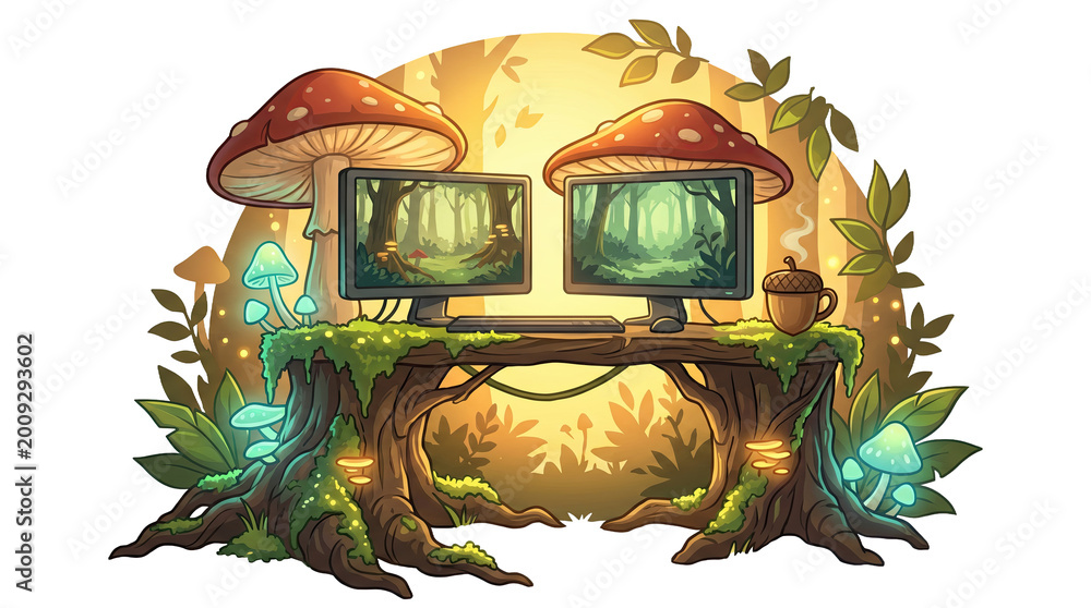 Forest Computer Tech Room Magical woodland office with dual computer monitors set upon an ancient ...