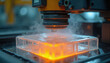 © Vadym - Heated plastic sheet molds into shape with steam rising. Industrial machine forms item using heat and vacuum. Thermoforming process creates product with precise details.